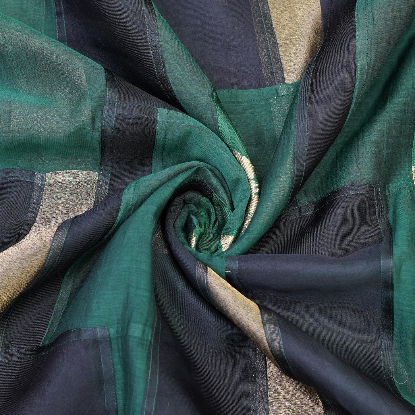 Emerald Green & Navy Patchwork Chanderi Fabric