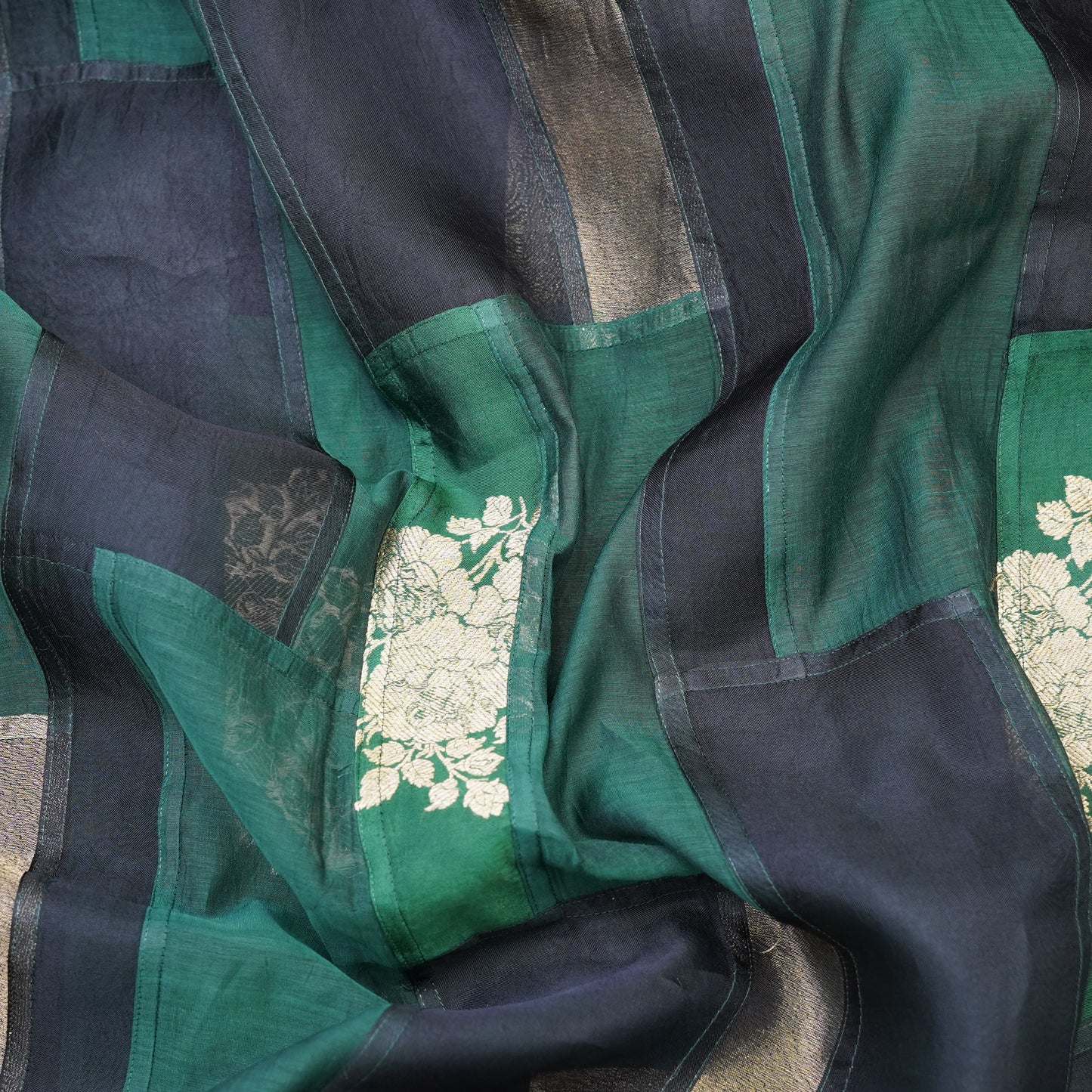 Emerald Green & Navy Patchwork Chanderi Fabric