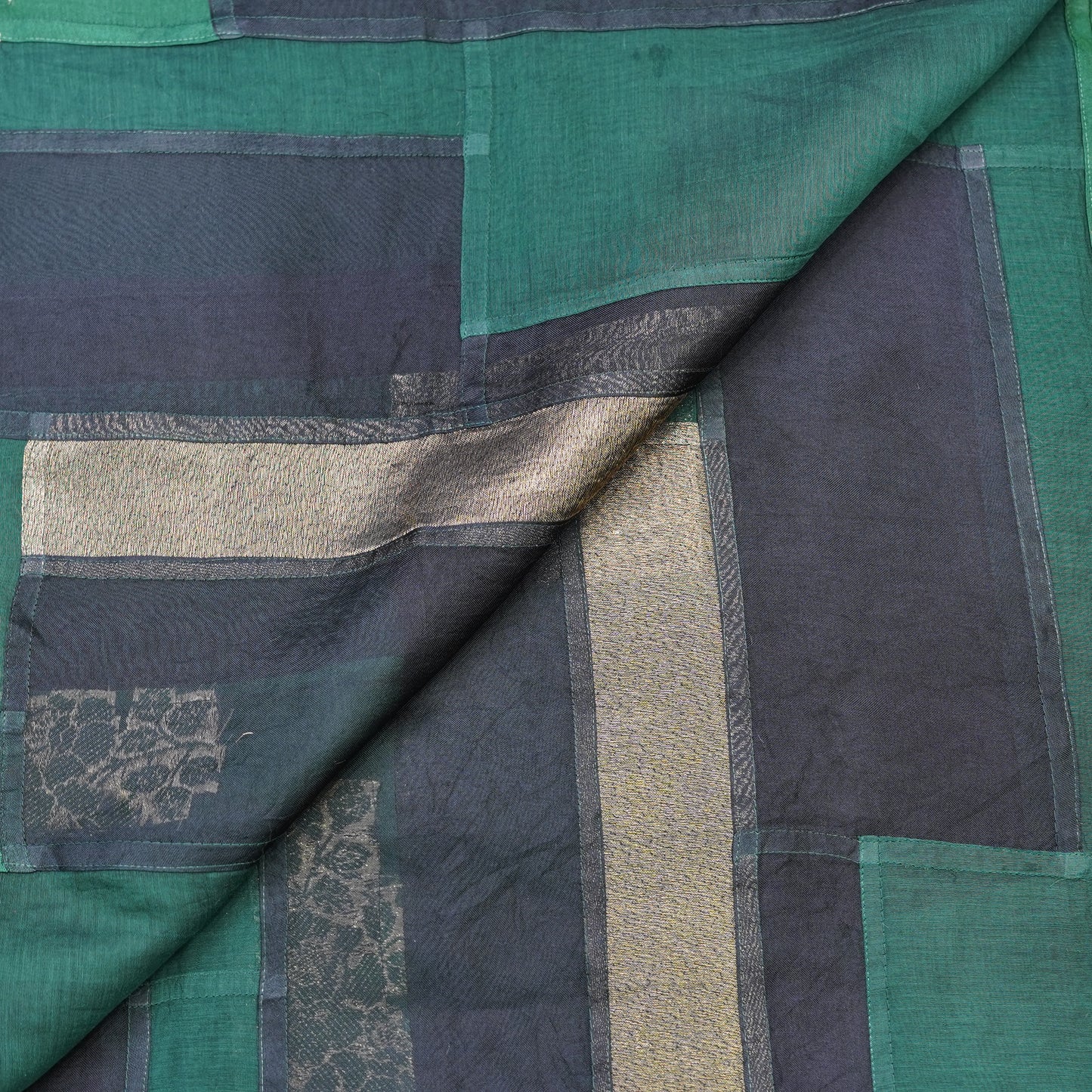 Emerald Green & Navy Patchwork Chanderi Fabric