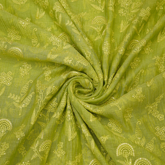 Lime Green Floral Embroidered Fabric.