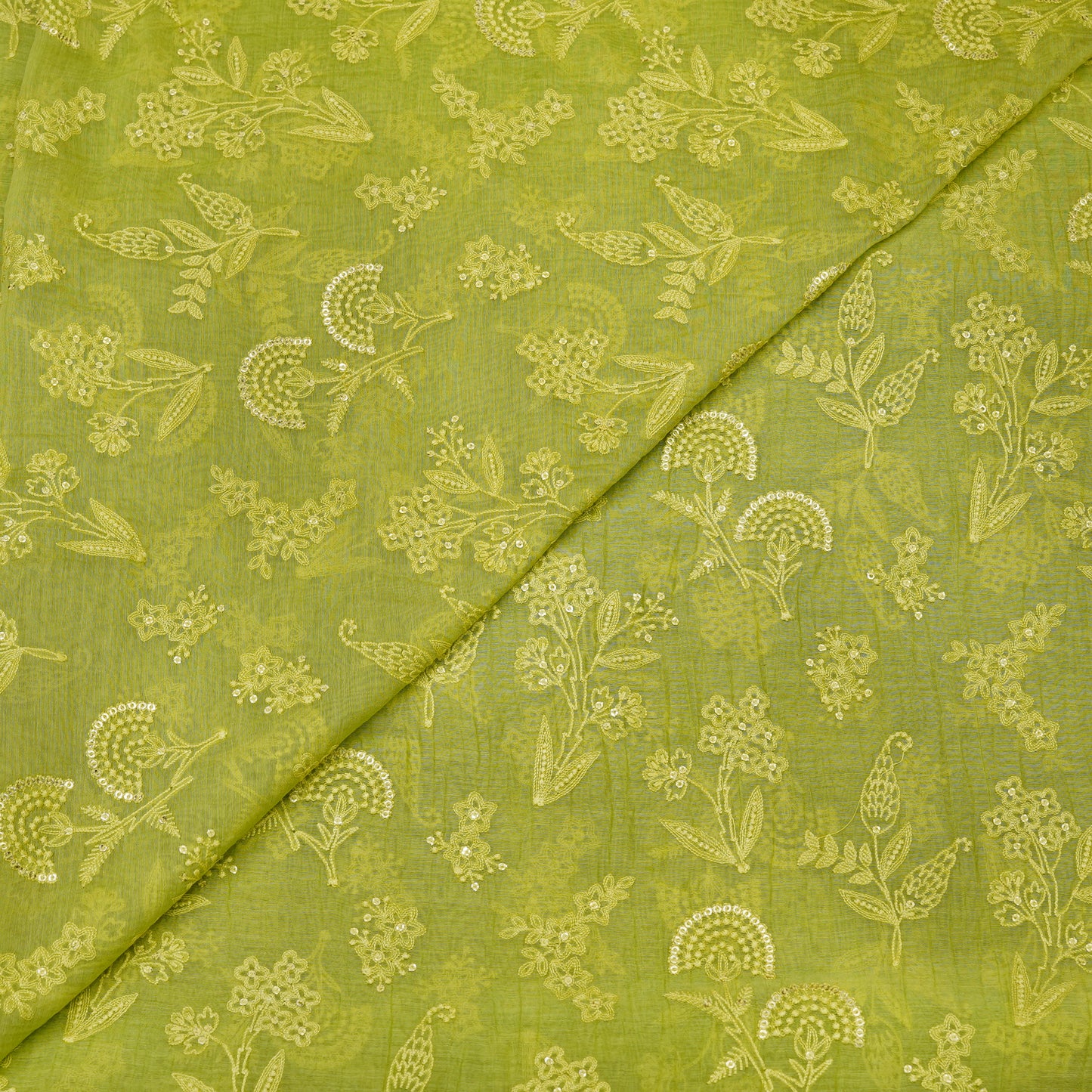Lime Green Floral Embroidered Fabric.