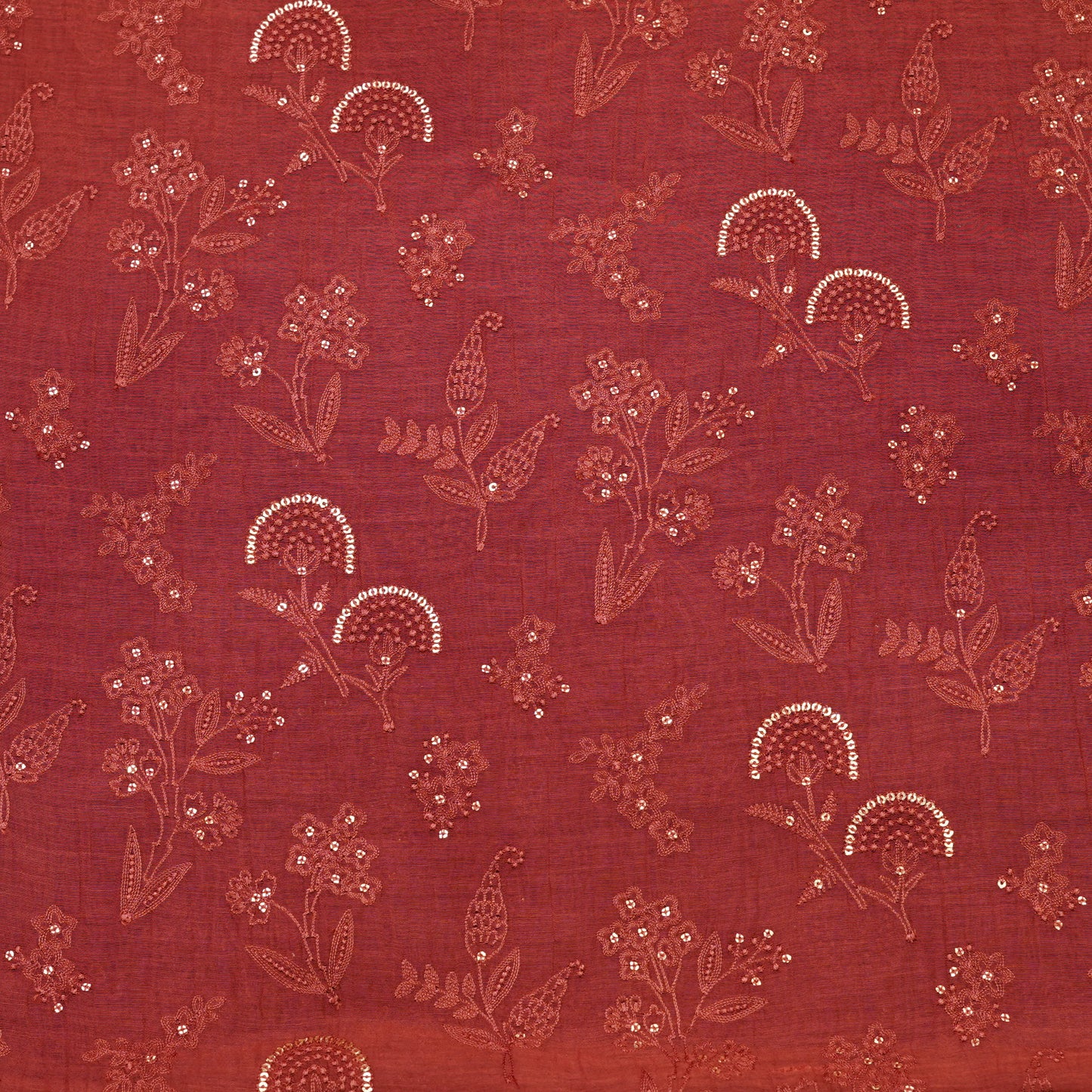 Rust Red Floral Sequin Embroidered Fabric.