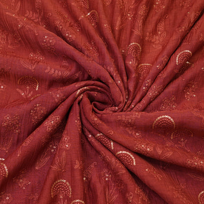 Rust Red Floral Sequin Embroidered Fabric.