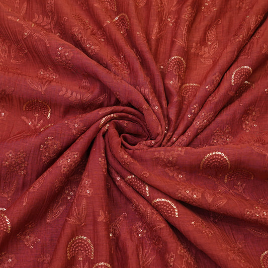 Rust Red Floral Sequin Embroidered Fabric.