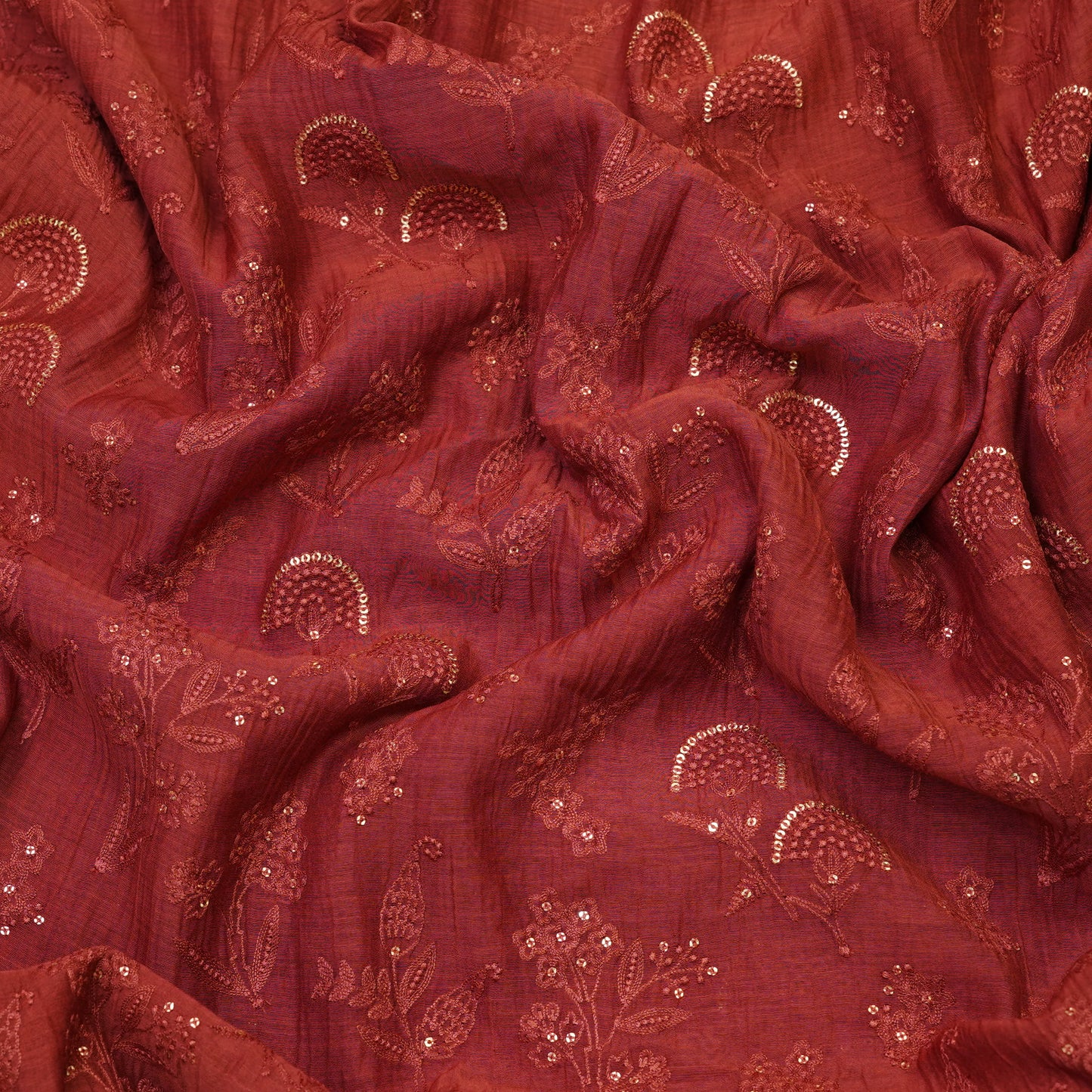Rust Red Floral Sequin Embroidered Fabric.