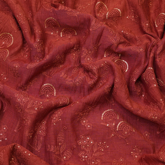 Rust Red Floral Sequin Embroidered Fabric.