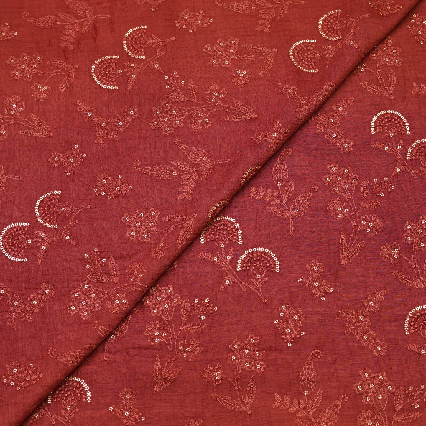 Rust Red Floral Sequin Embroidered Fabric.