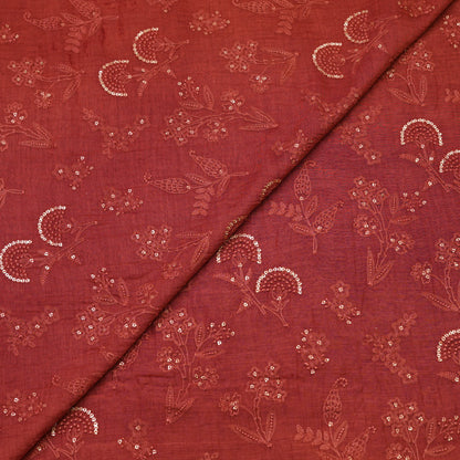 Rust Red Floral Sequin Embroidered Fabric.