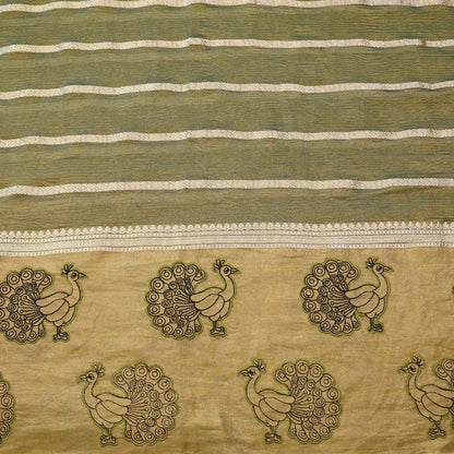 Olive Gold Peacock Embroidered Fabric.