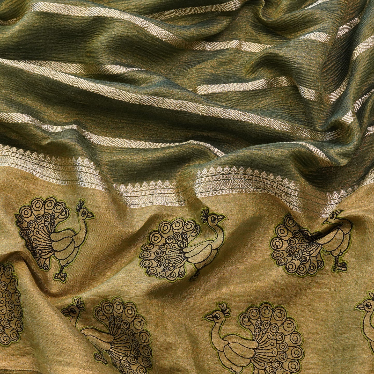 Olive Gold Peacock Embroidered Fabric.