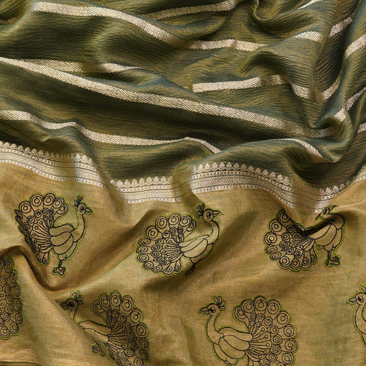Olive Gold Peacock Embroidered Fabric.