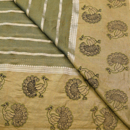 Olive Gold Peacock Embroidered Fabric.