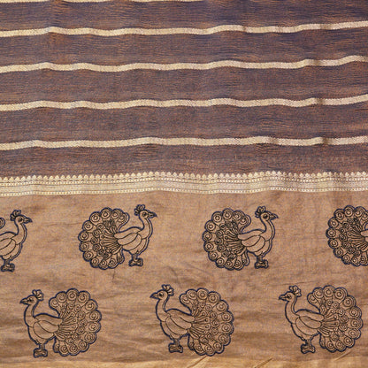 Antique Brown Peacock Embroidered Fabric.