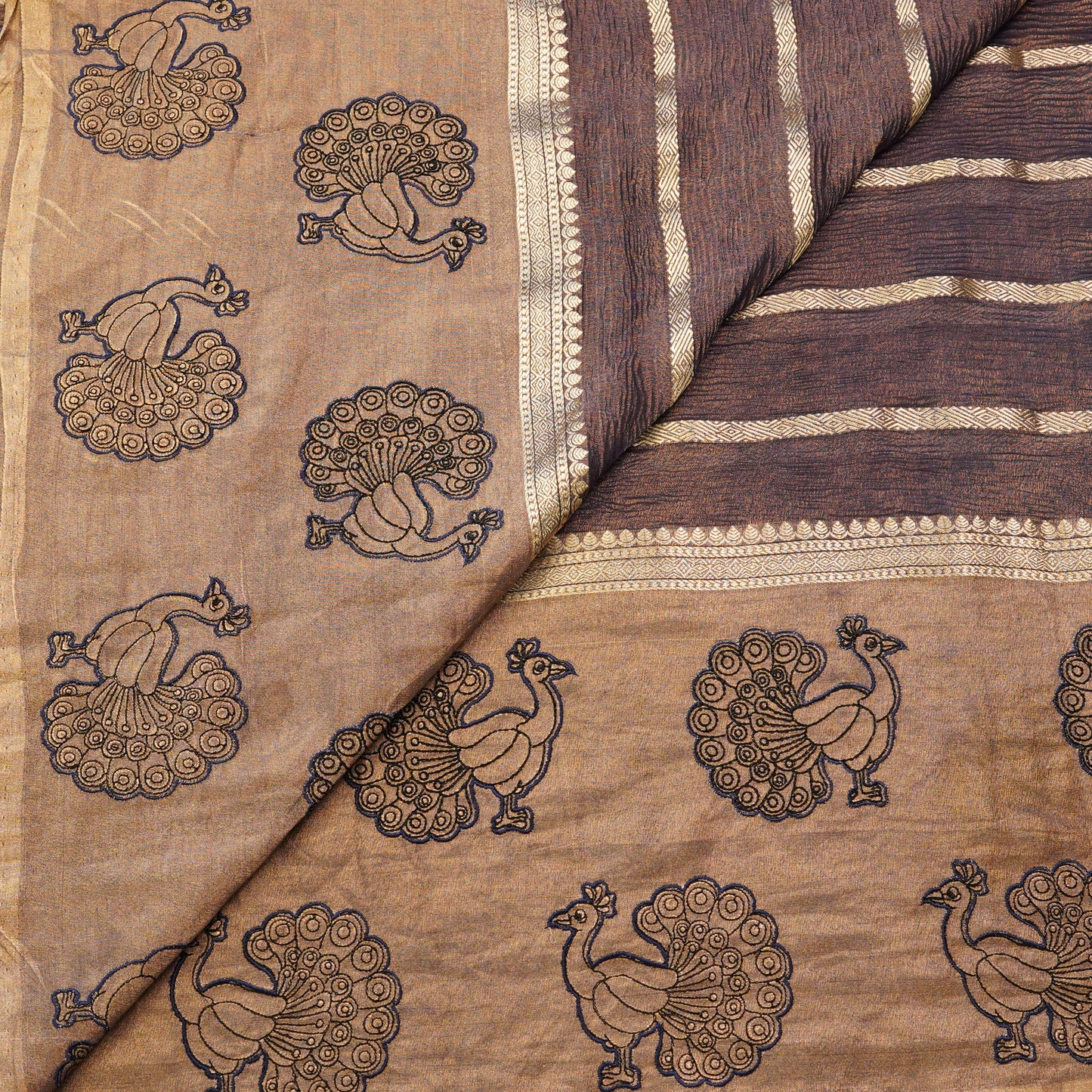 Antique Brown Peacock Embroidered Fabric.