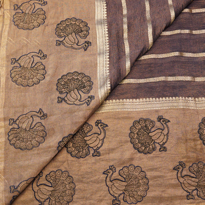 Antique Brown Peacock Embroidered Fabric.