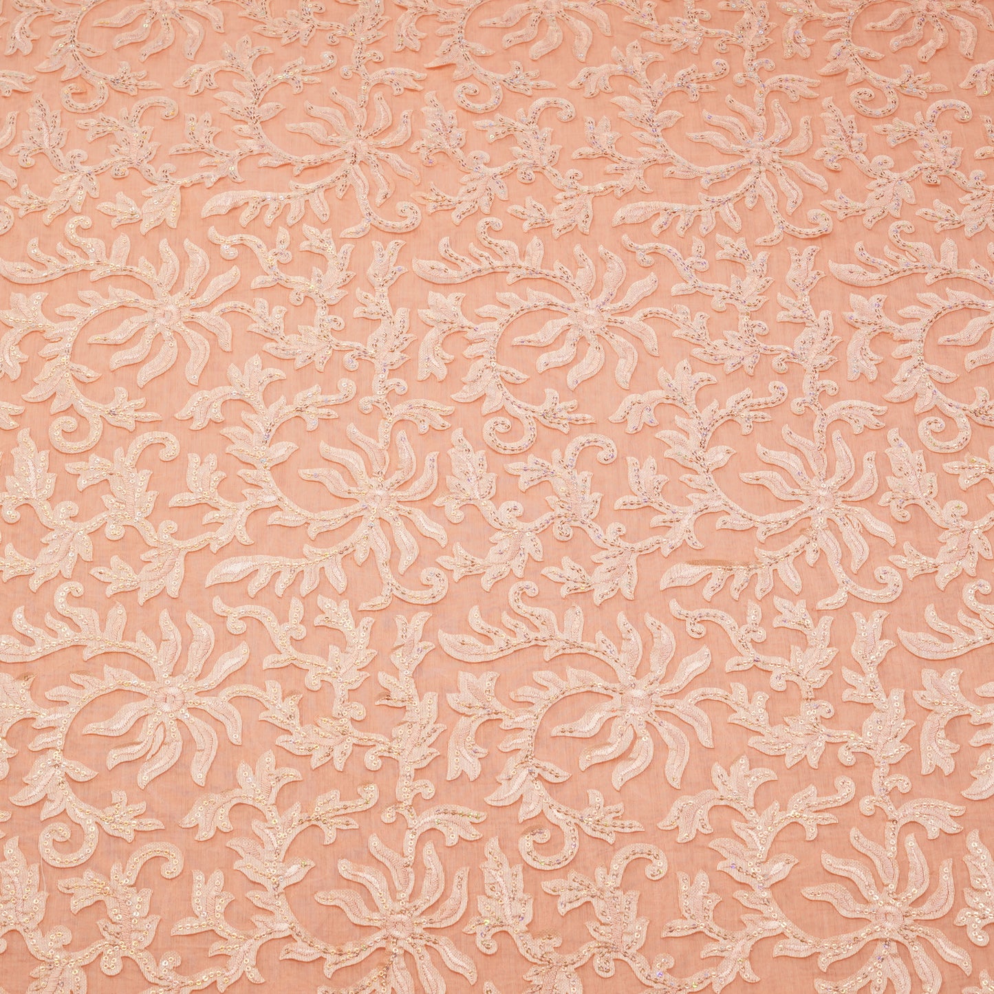Premium Peach Floral Sequin Embroidered Fabric.