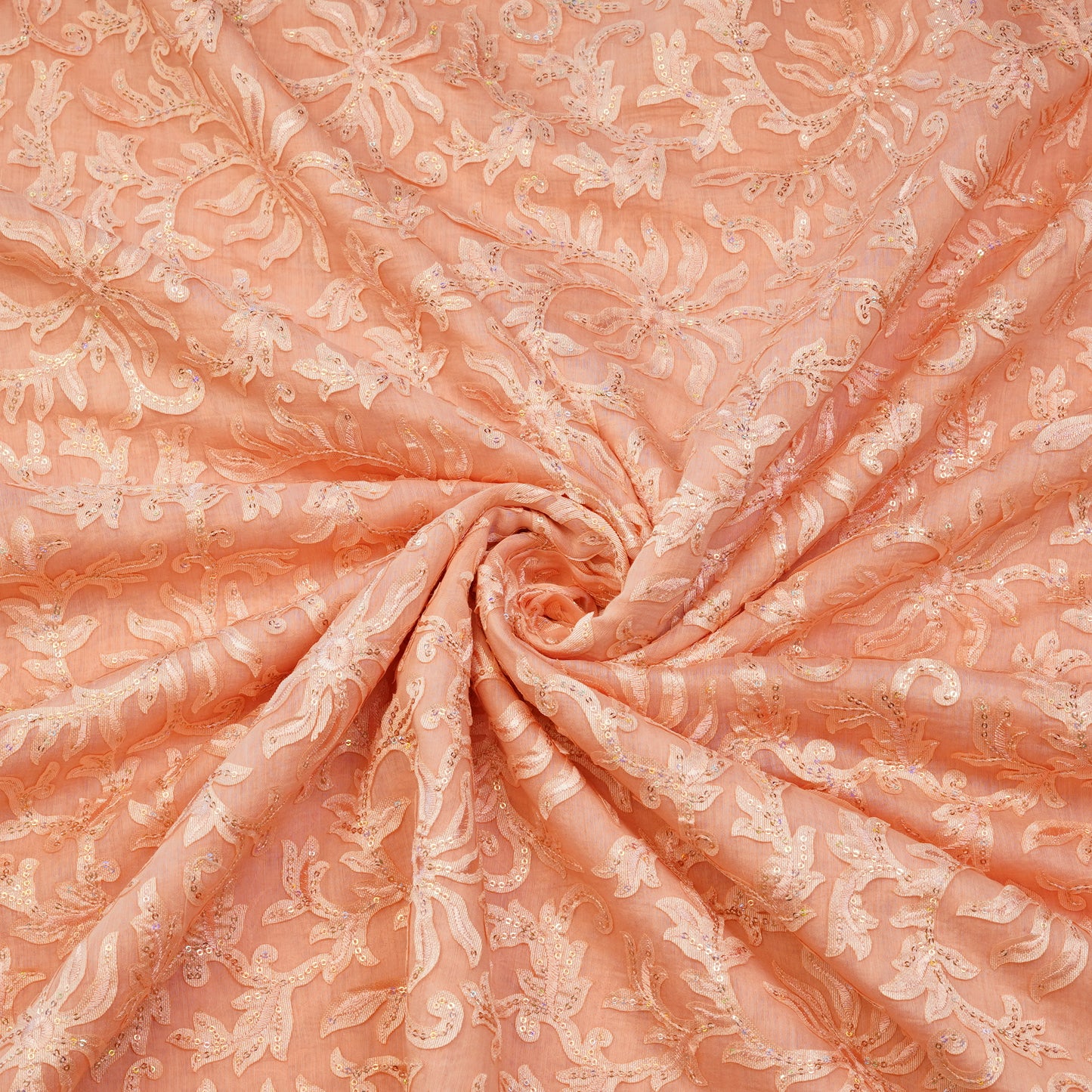 Premium Peach Floral Sequin Embroidered Fabric.