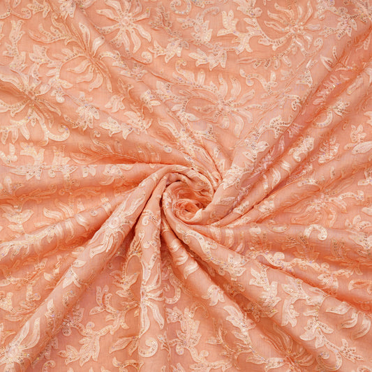 Premium Peach Floral Sequin Embroidered Fabric.