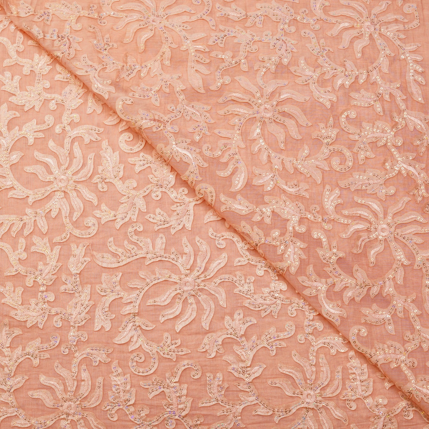 Premium Peach Floral Sequin Embroidered Fabric.