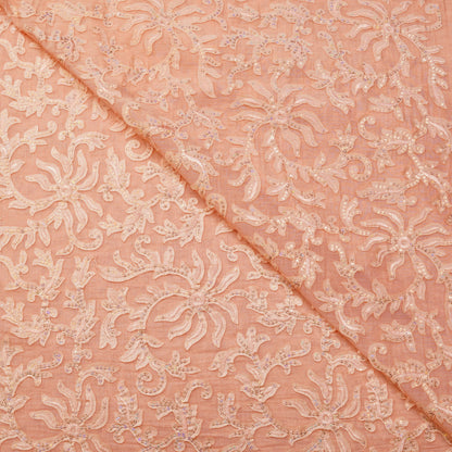 Premium Peach Floral Sequin Embroidered Fabric.