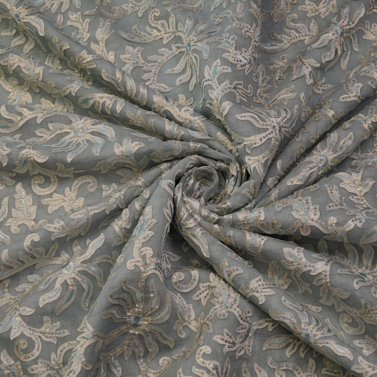 Premium Steel Grey Floral Sequin Embroidered Fabric.