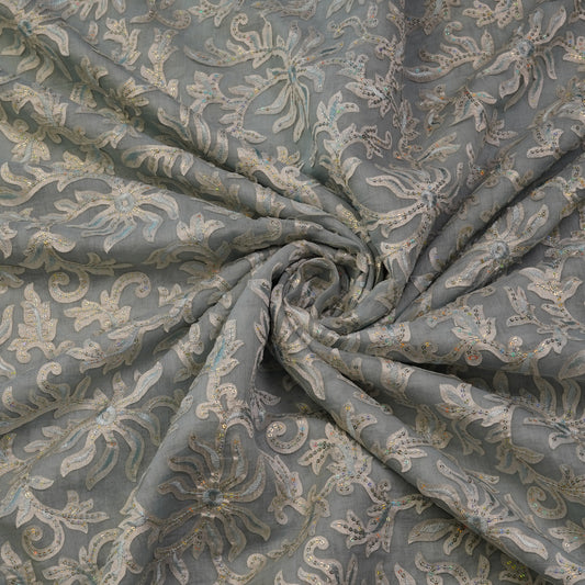 Premium Steel Grey Floral Sequin Embroidered Fabric.