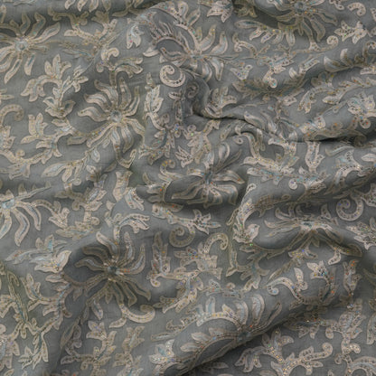 Premium Steel Grey Floral Sequin Embroidered Fabric.