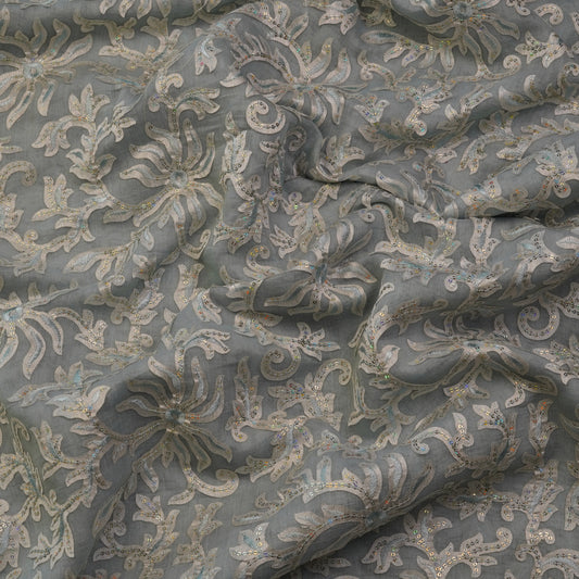 Premium Steel Grey Floral Sequin Embroidered Fabric.