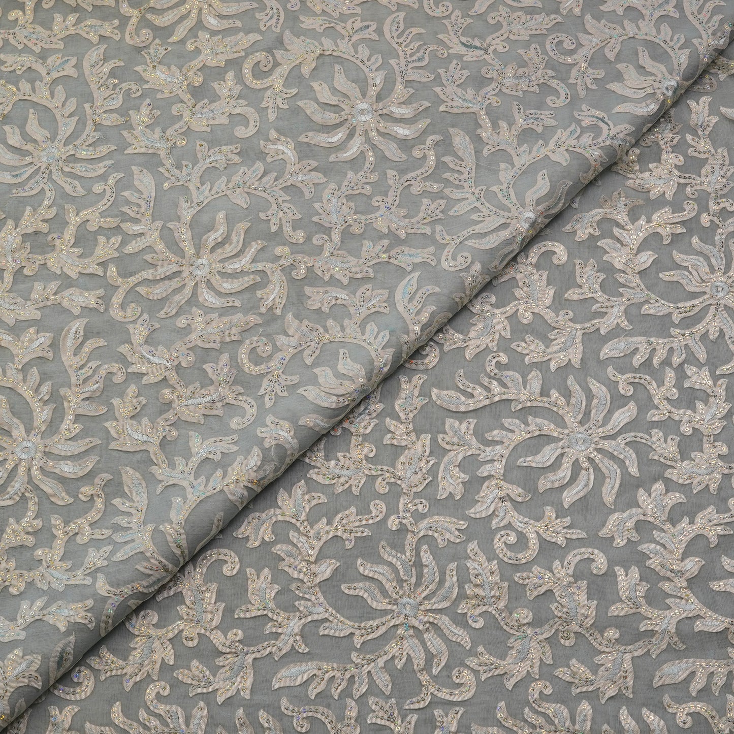 Premium Steel Grey Floral Sequin Embroidered Fabric.