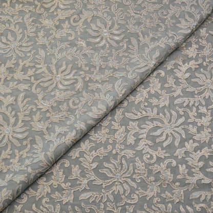 Premium Steel Grey Floral Sequin Embroidered Fabric.