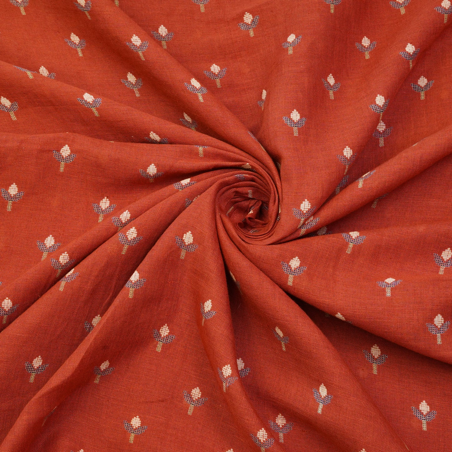 Premium Rust Floral Buti Linen Fabric.