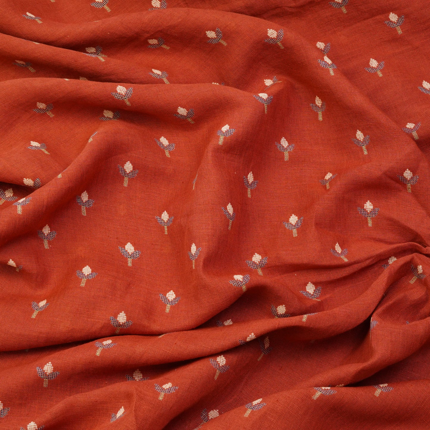 Premium Rust Floral Buti Linen Fabric.