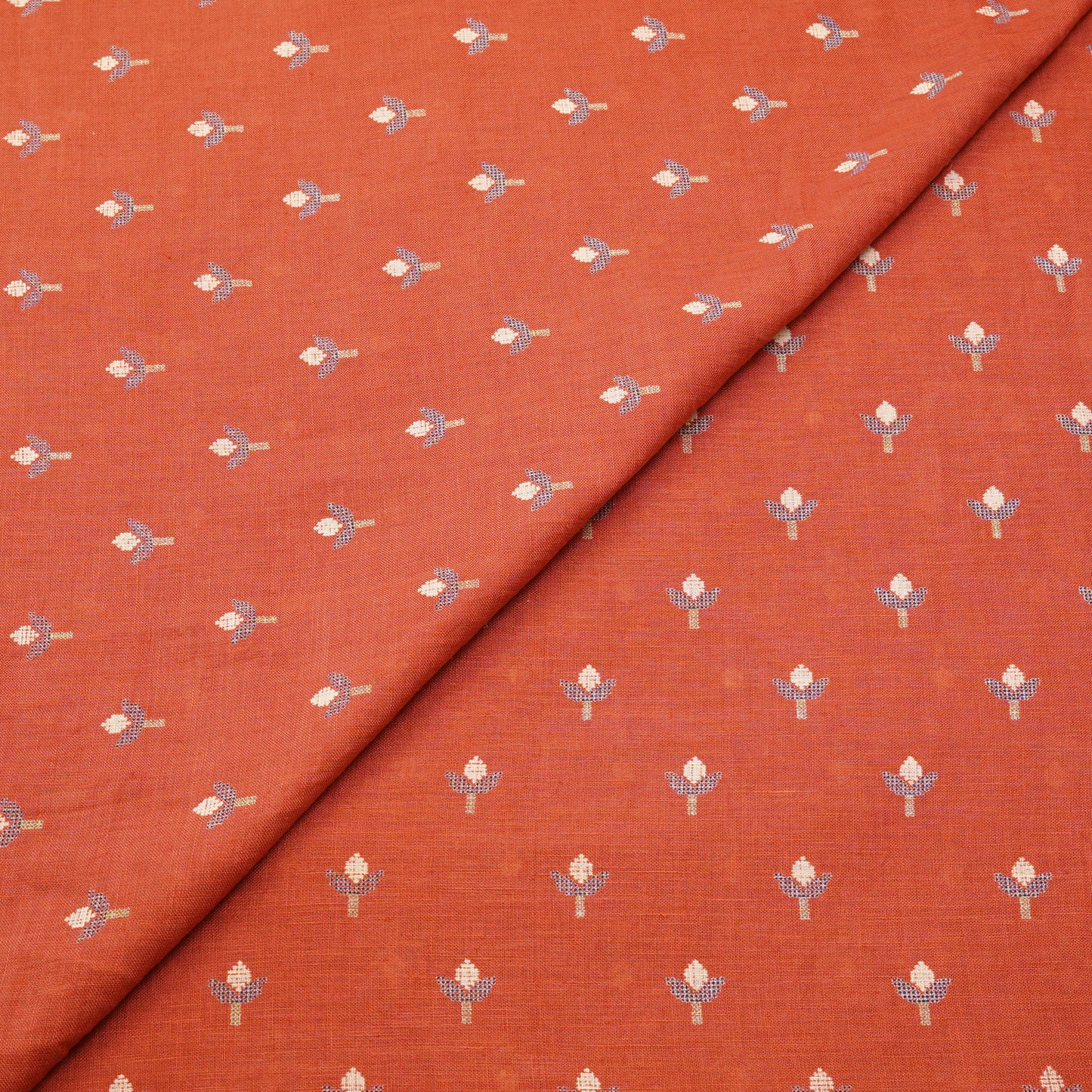Premium Rust Floral Buti Linen Fabric.