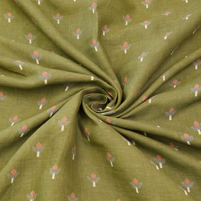 Premium Olive Green Floral Buti Woven Fabric.