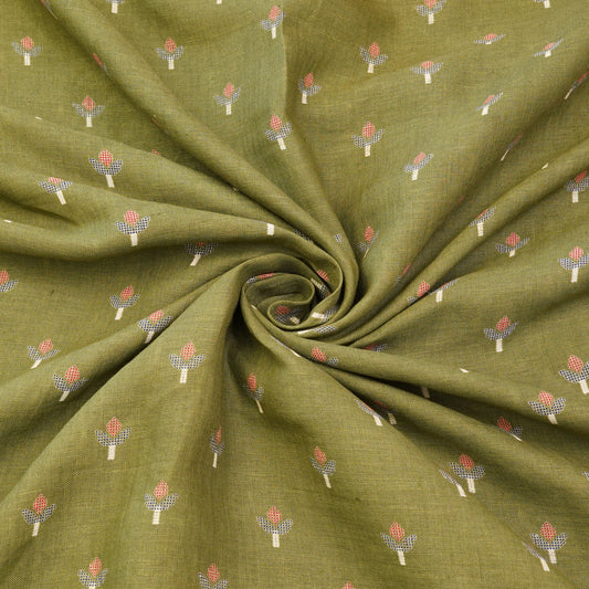 Premium Olive Green Floral Buti Woven Fabric.