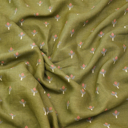 Premium Olive Green Floral Buti Woven Fabric.