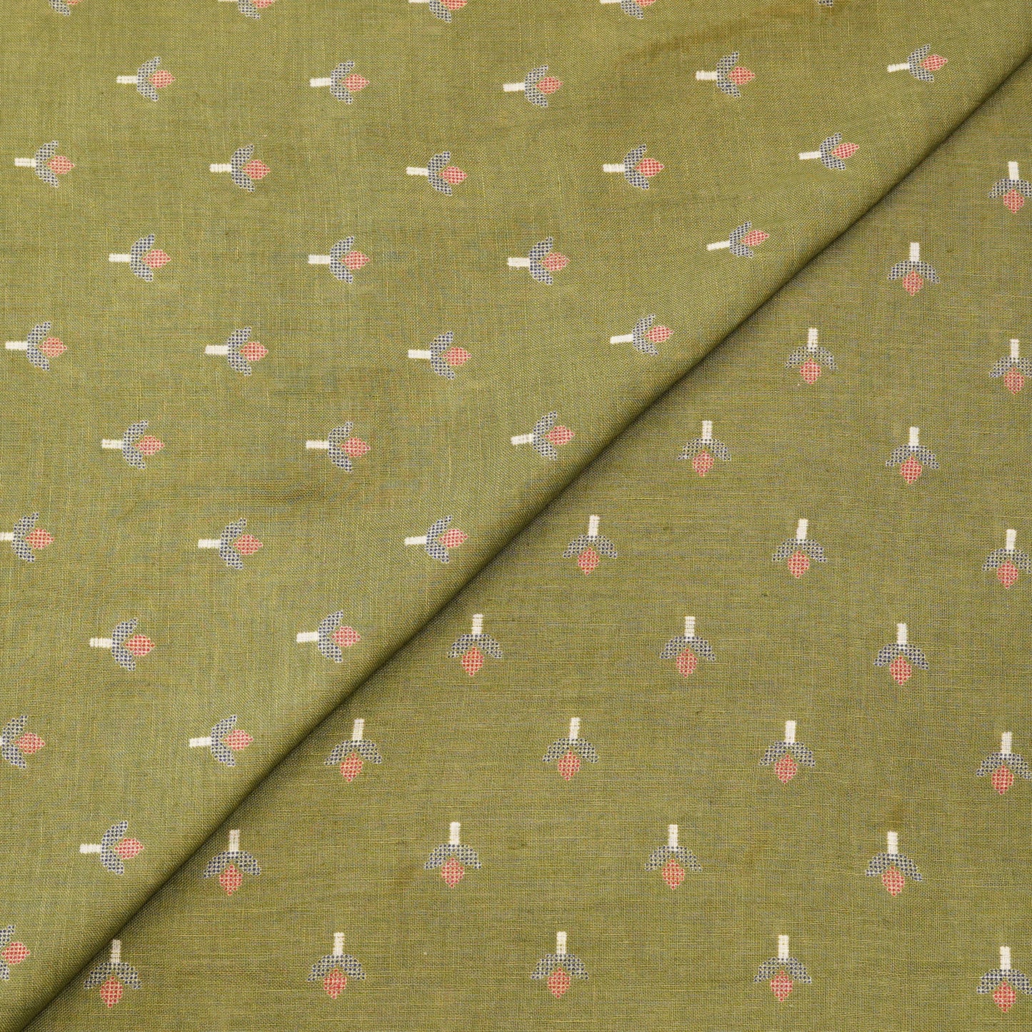 Premium Olive Green Floral Buti Woven Fabric.