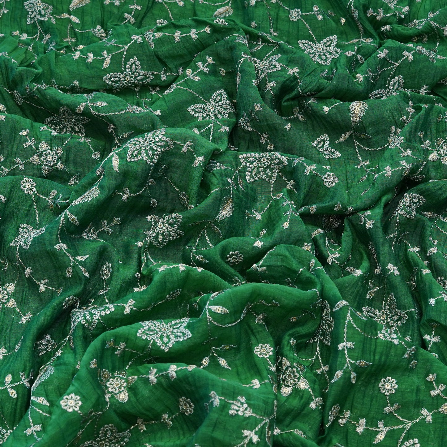 Premium Emerald Green Floral Embroidered Fabric.