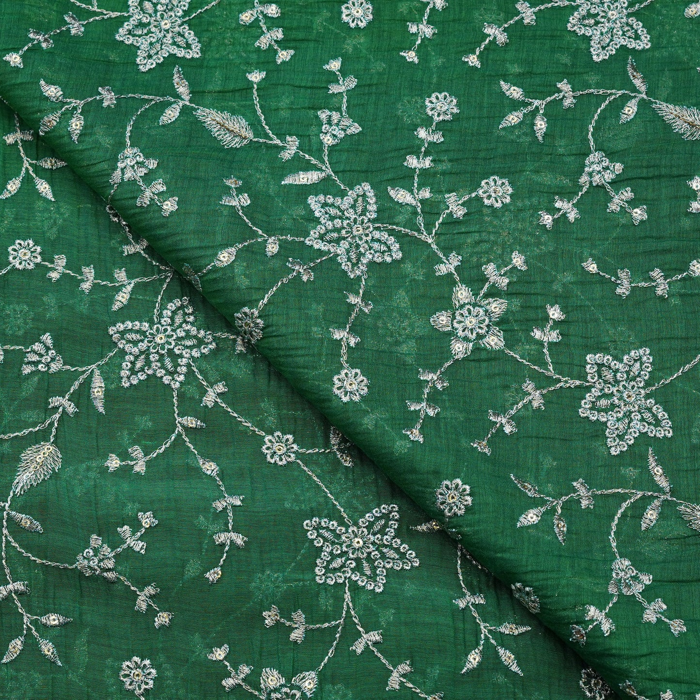 Premium Emerald Green Floral Embroidered Fabric.
