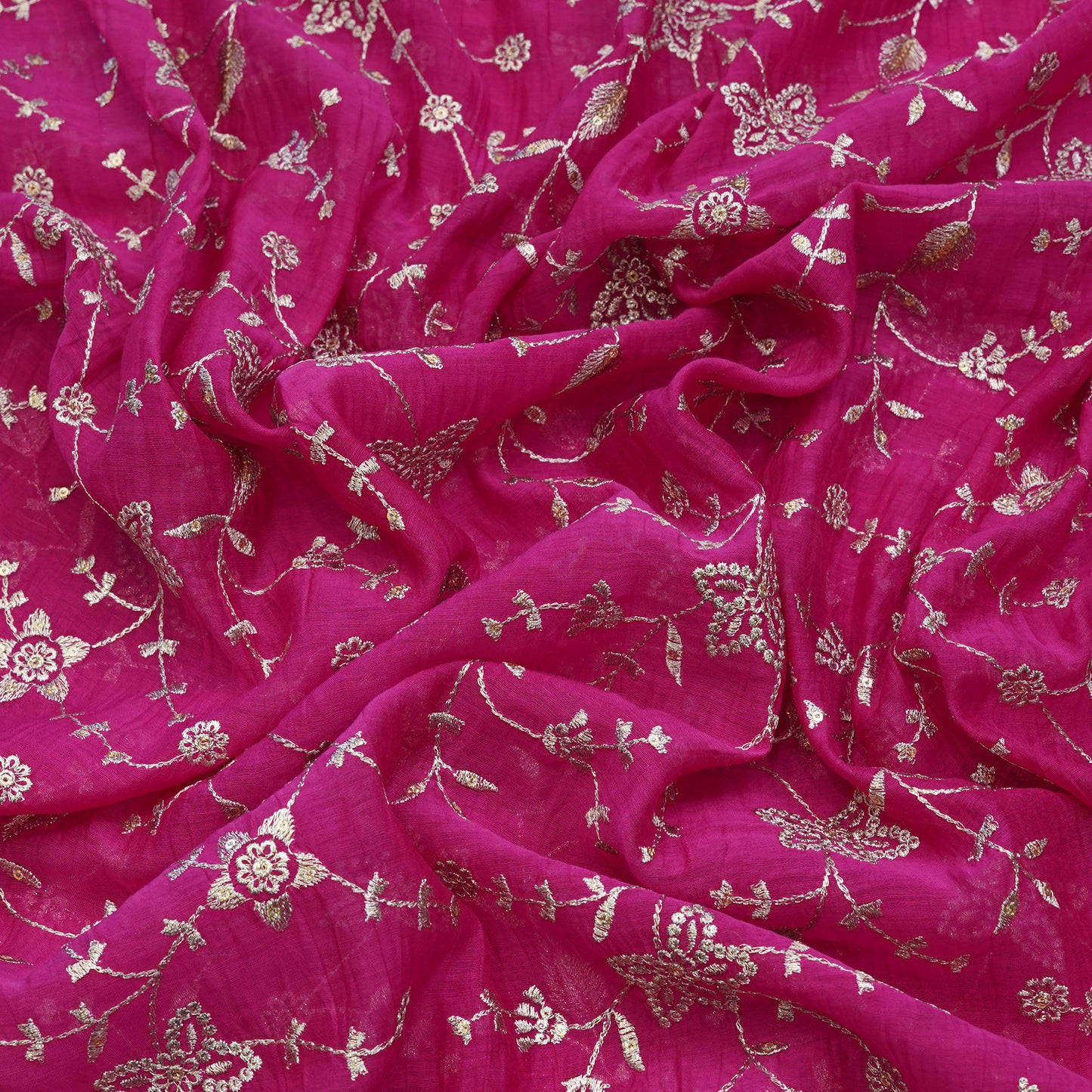 Fuchsia Floral Thread Embroidered Fabric.