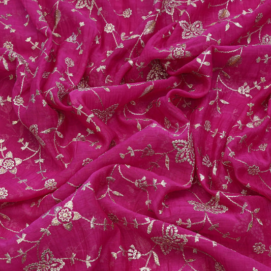 Fuchsia Floral Thread Embroidered Fabric.