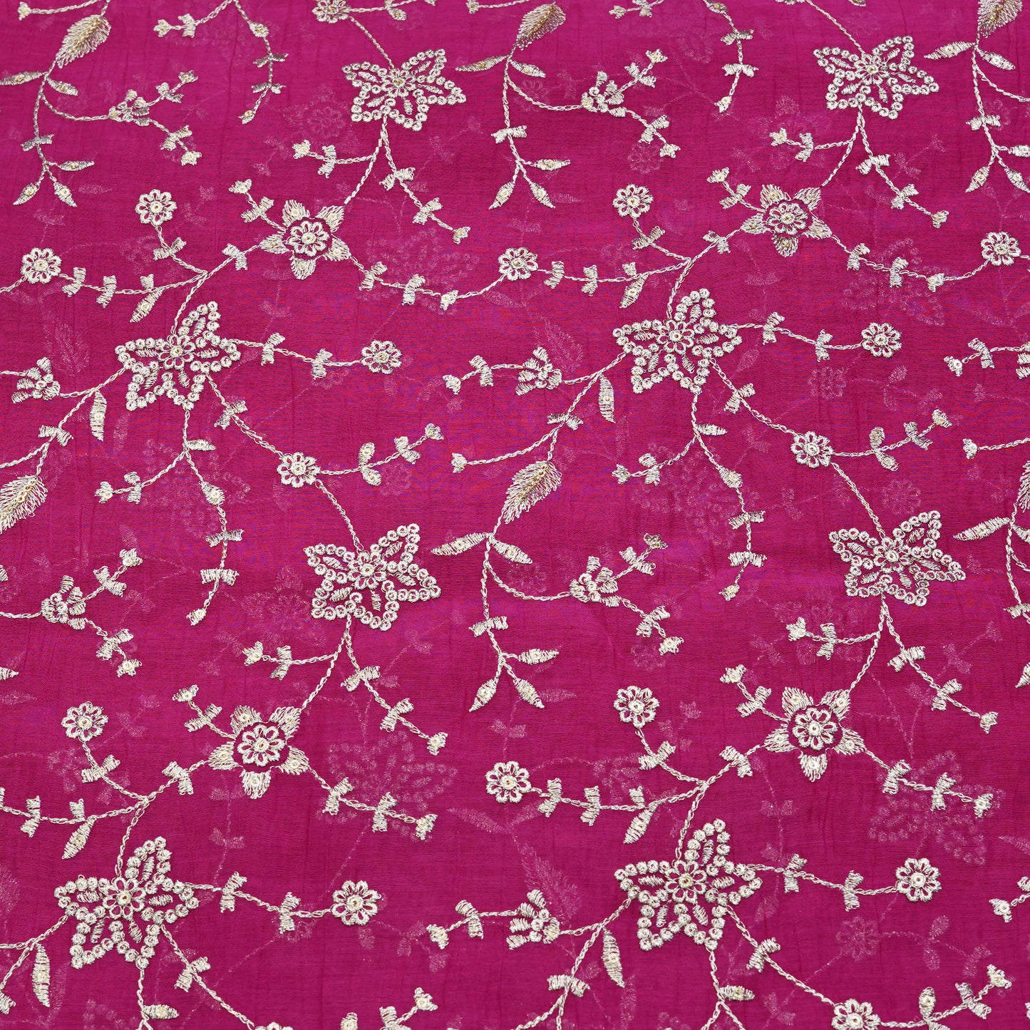 Fuchsia Floral Thread Embroidered Fabric.