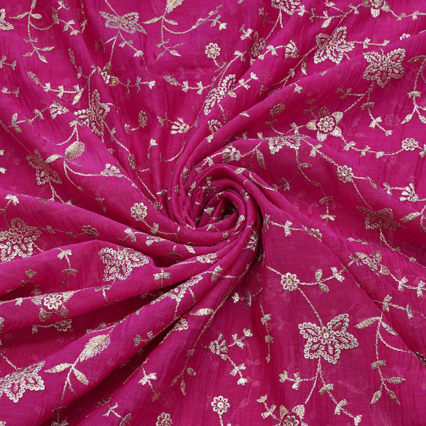 Fuchsia Floral Thread Embroidered Fabric.