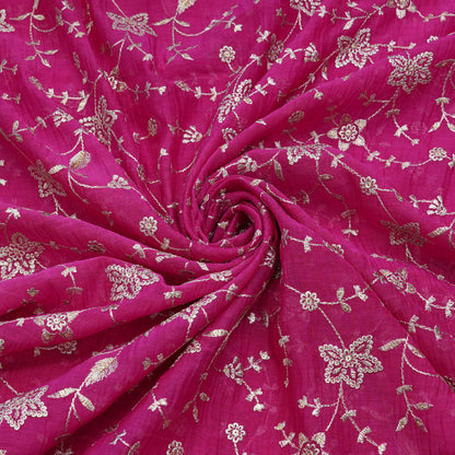 Fuchsia Floral Thread Embroidered Fabric.