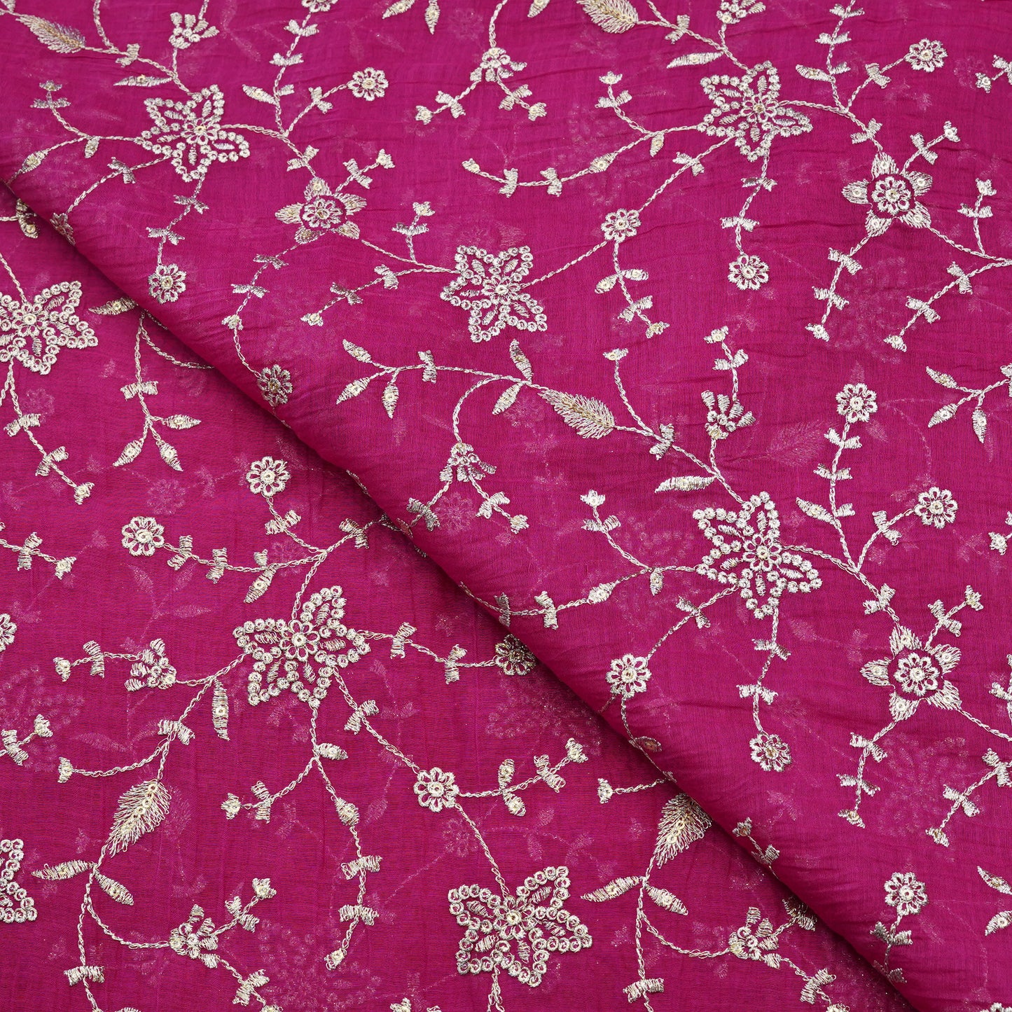 Fuchsia Floral Thread Embroidered Fabric.