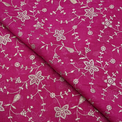Fuchsia Floral Thread Embroidered Fabric.