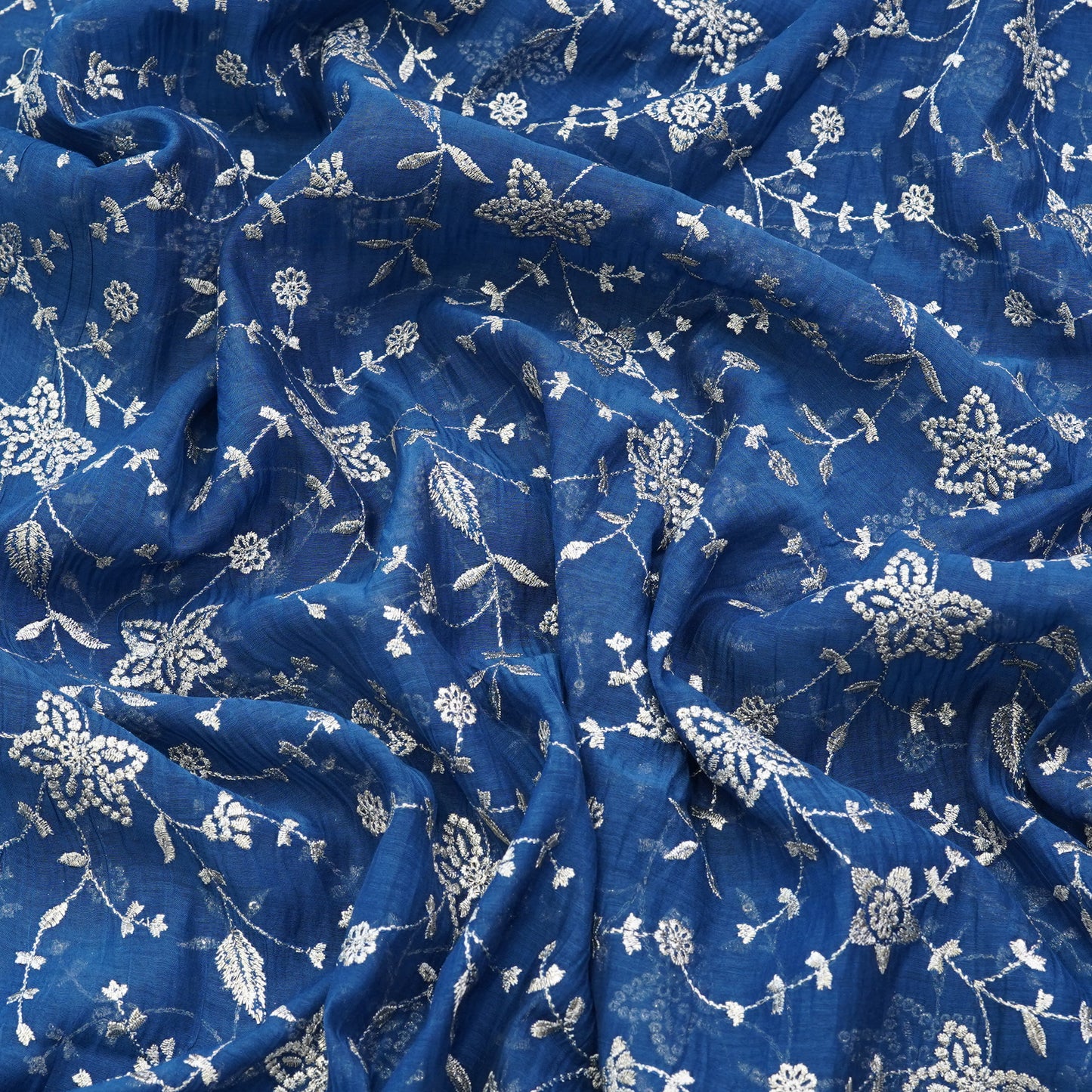 Royal Blue Floral Vine Thread Embroidered Fabric.