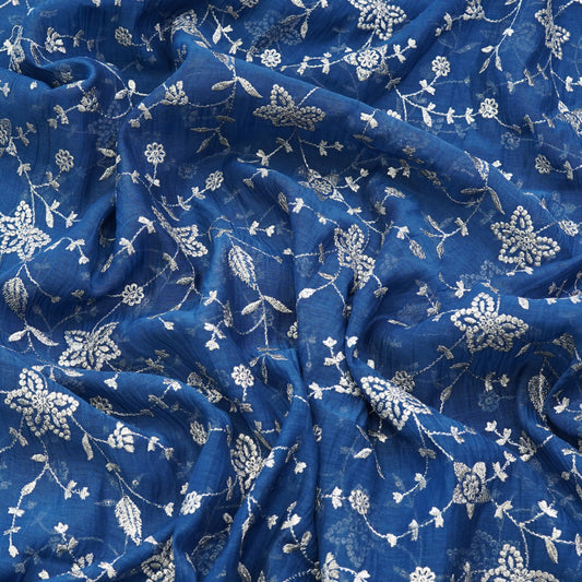 Royal Blue Floral Vine Thread Embroidered Fabric.
