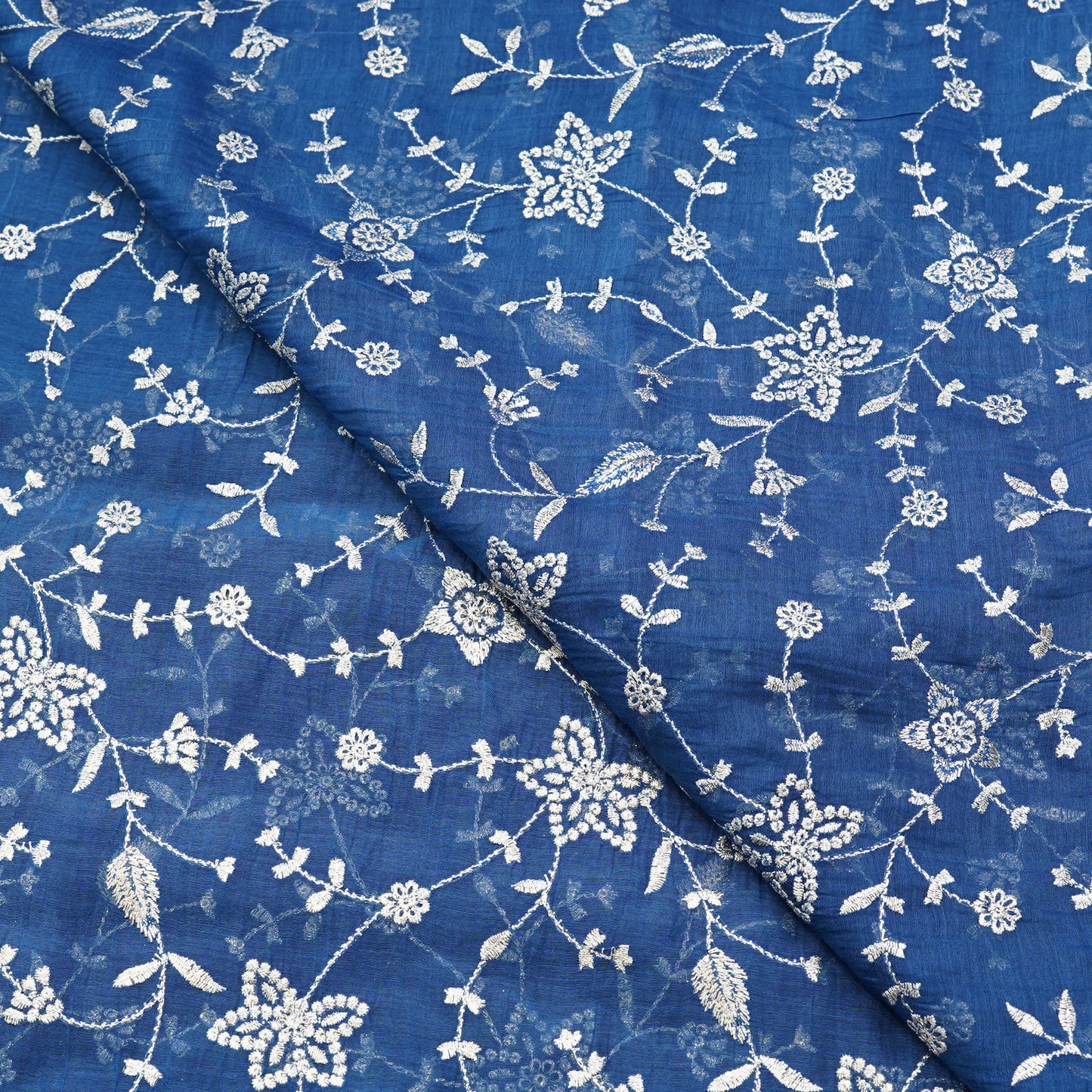 Royal Blue Floral Vine Thread Embroidered Fabric.