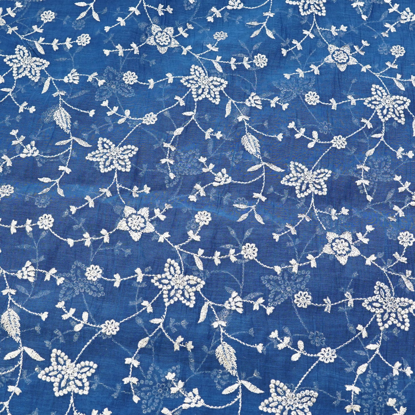 Royal Blue Floral Vine Thread Embroidered Fabric.